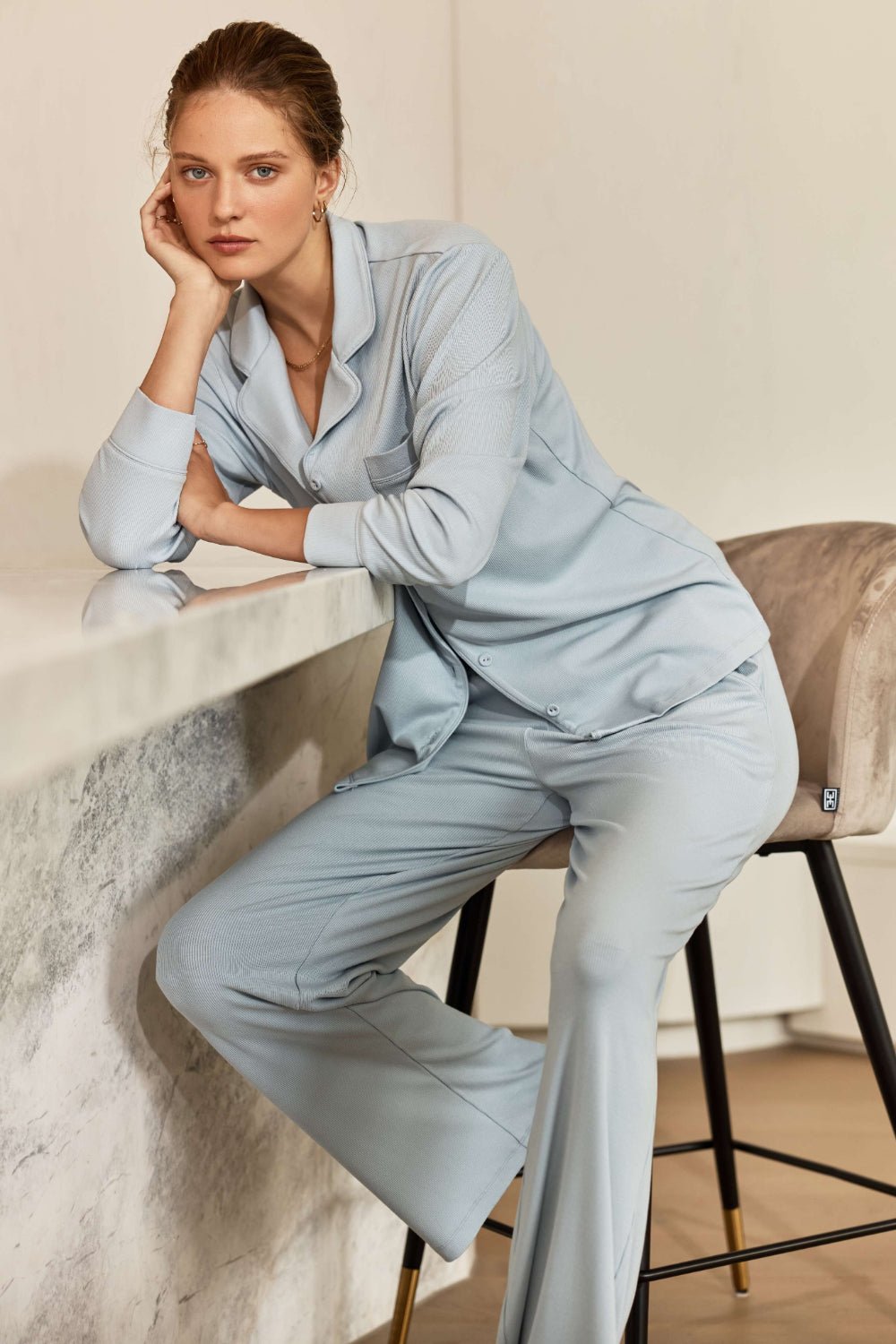 Emilia Ribbed Lounge PJ Set Powder Blue - Pure Apotheca