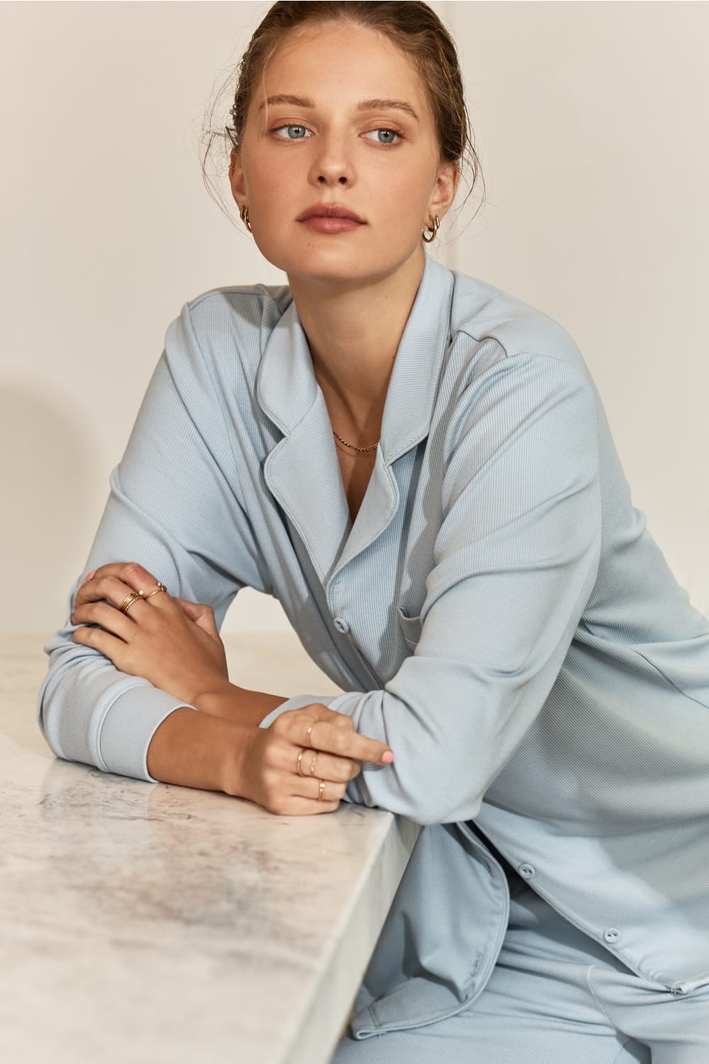 Emilia Ribbed Lounge PJ Set Powder Blue - Pure Apotheca