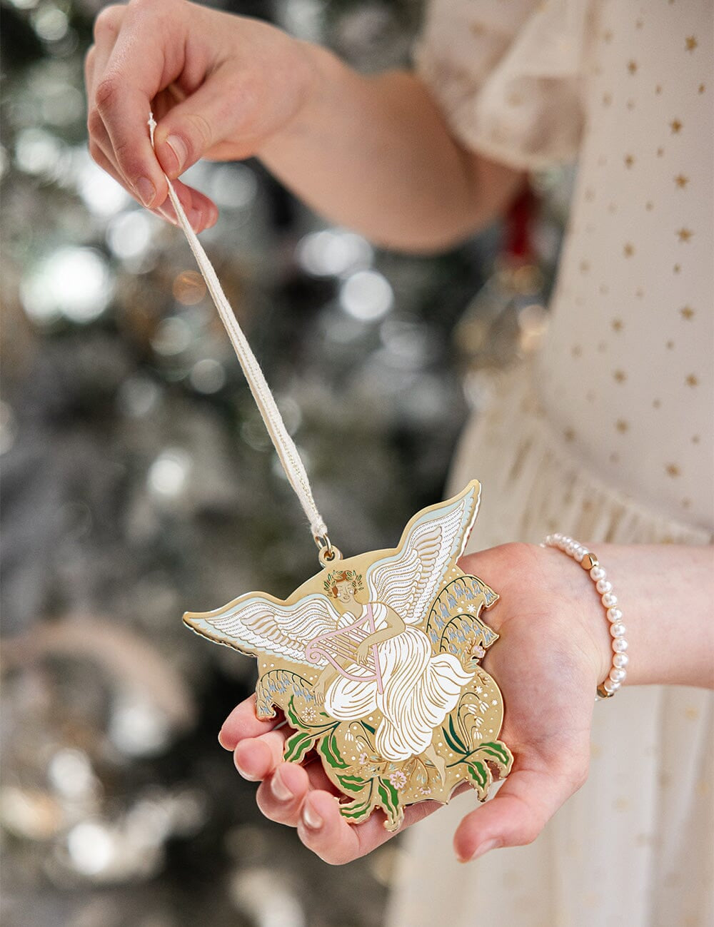 Fine Enamel Christmas Ornament - Angel with Harp - Pure Apotheca