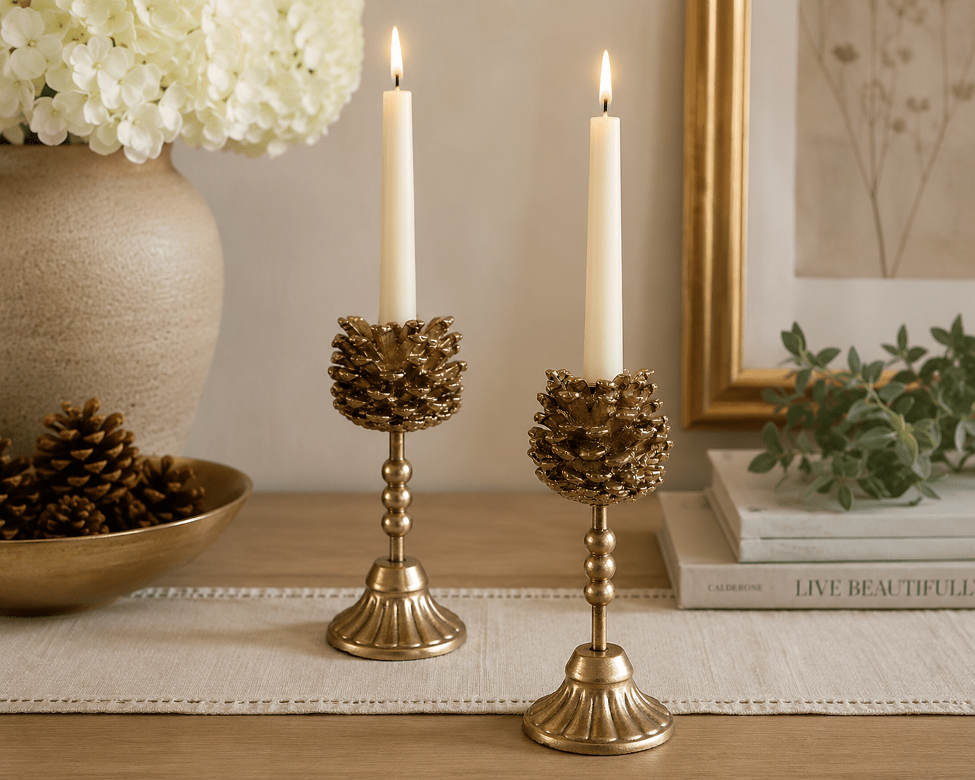 GOLD PINECONE TAPER CANDLE HOLDER SML - Pure Apotheca