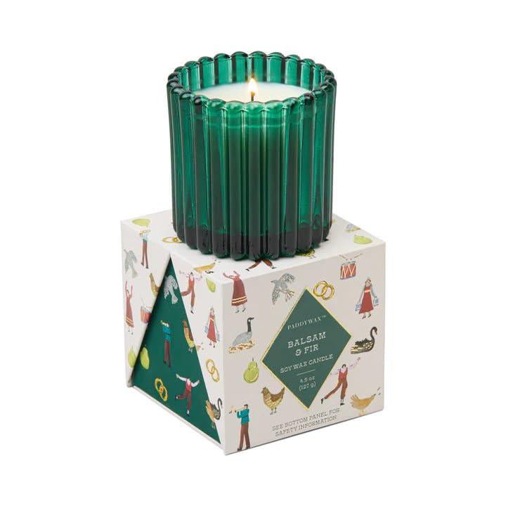 Green Tinted Glass Candle in Holiday Merry Box - Balsam & Fir 4.5oz/127g - Pure Apotheca