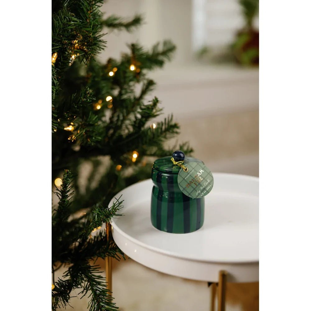 Green/Navy Striped Cabana Candle with Lid - Balsam Fir 184g - Pure Apotheca