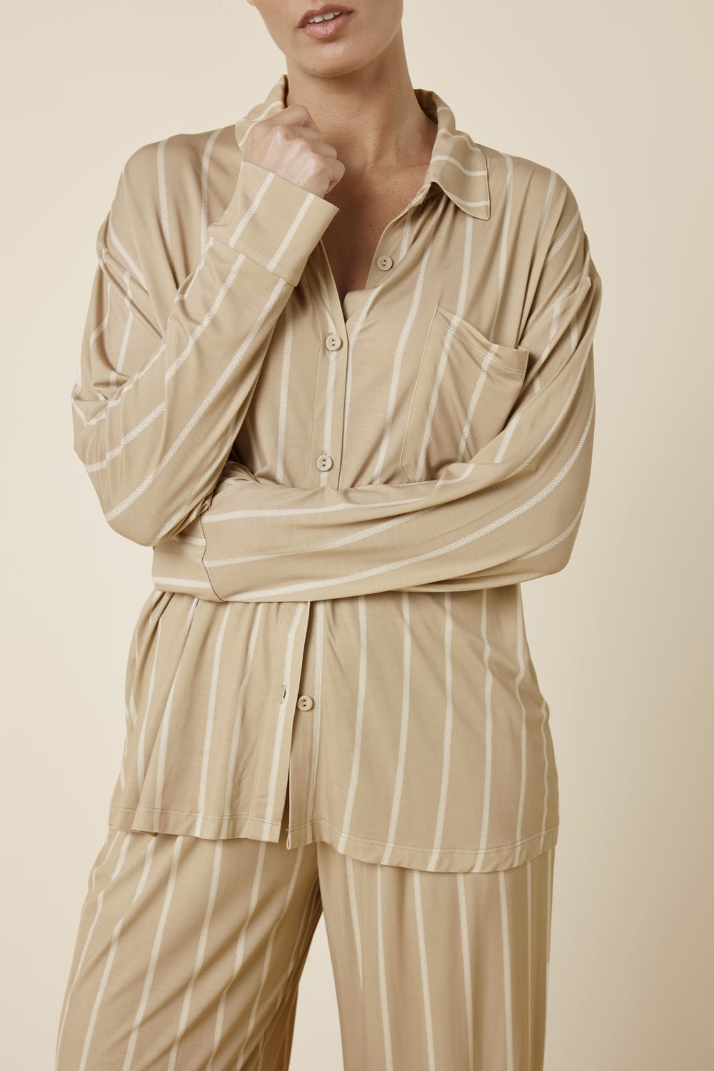 Harlow Bamboo Striped PJ Set Biscuit - Pure Apotheca
