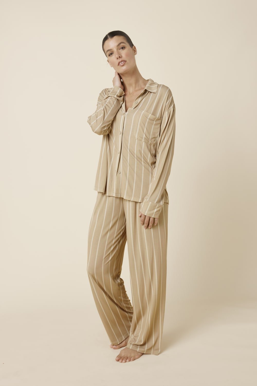 Harlow Bamboo Striped PJ Set Biscuit - Pure Apotheca