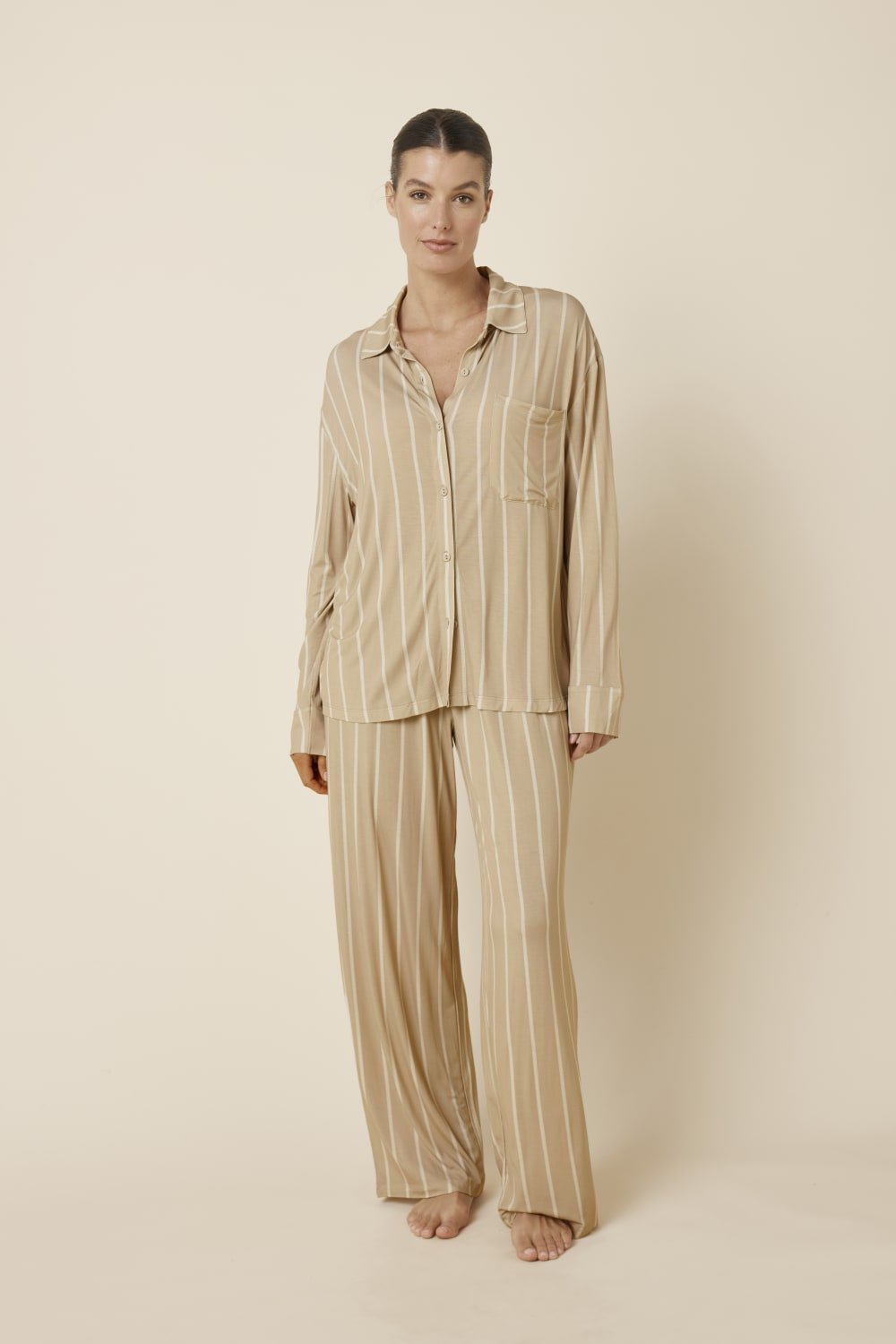 Harlow Bamboo Striped PJ Set Biscuit - Pure Apotheca