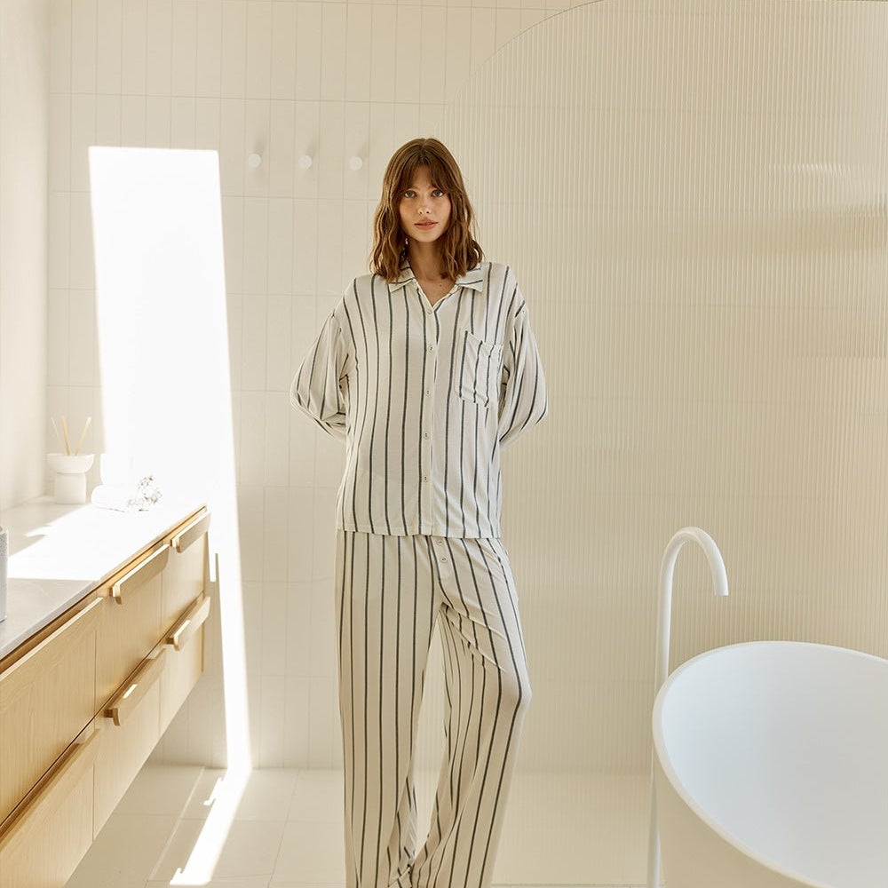 Harlow Bamboo Striped PJ Set Ivory - Pure Apotheca