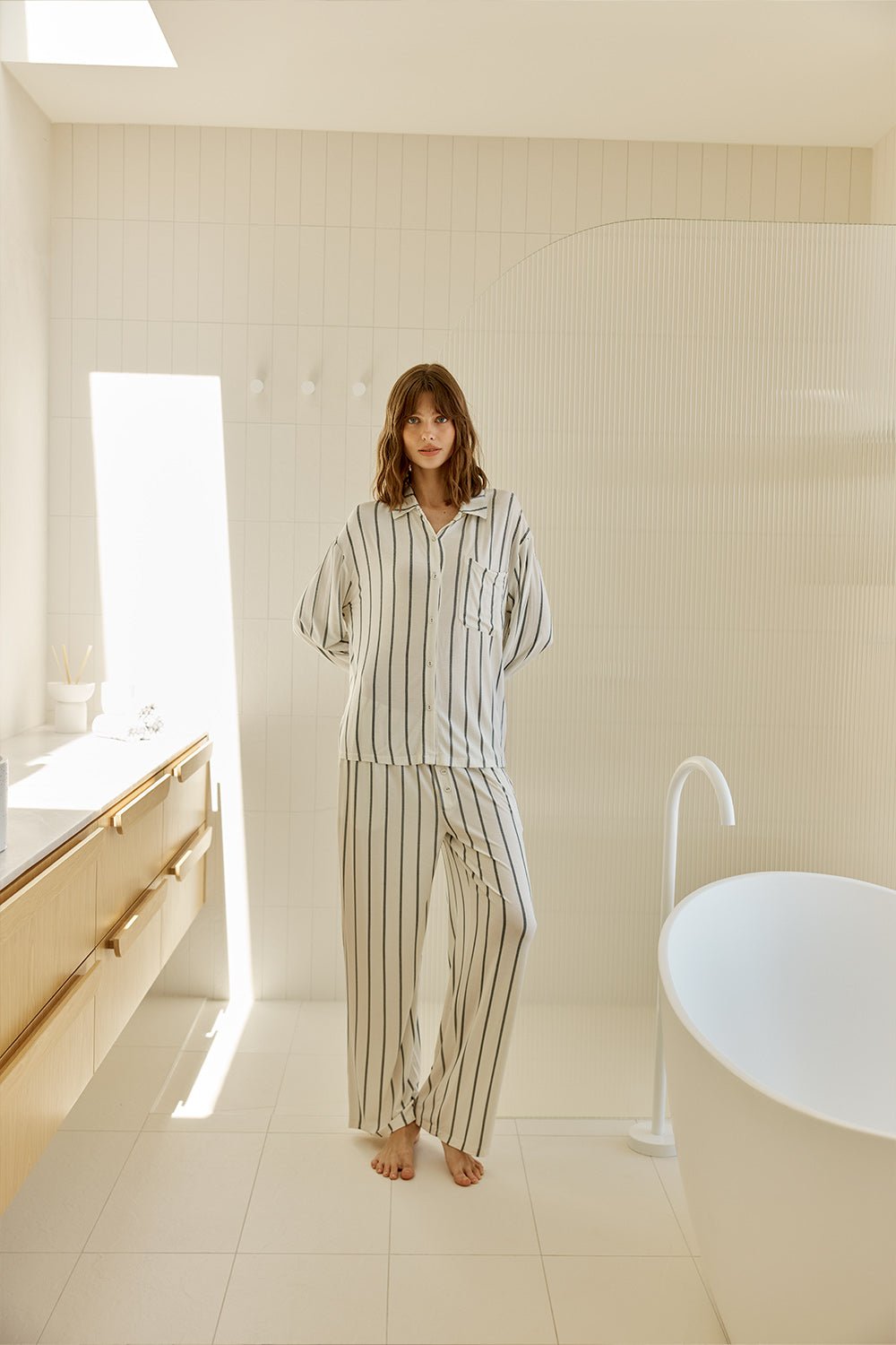 Harlow Bamboo Striped PJ Set Ivory - Pure Apotheca