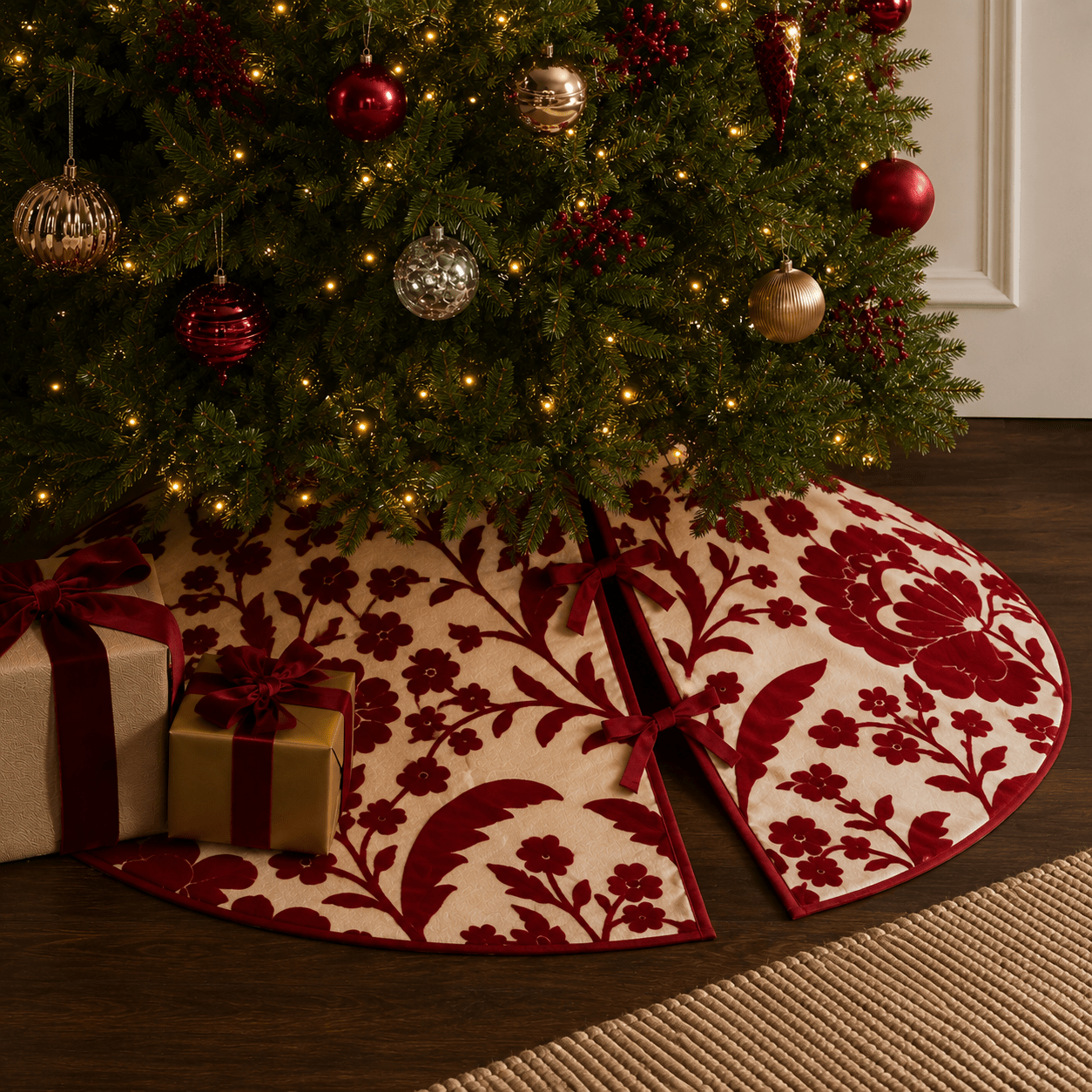 Heirloom Crewelwork Red Floral Tree Skirt - Pure Apotheca