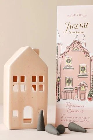 Incense Cone Holiday Pink Ceramic Townhouse with 20 Incense Cones - Persimmon Chestnut - Pure Apotheca