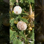 Ivory with Gold Star Etched Glass Ball Christmas Ornament 4" - Pure Apotheca