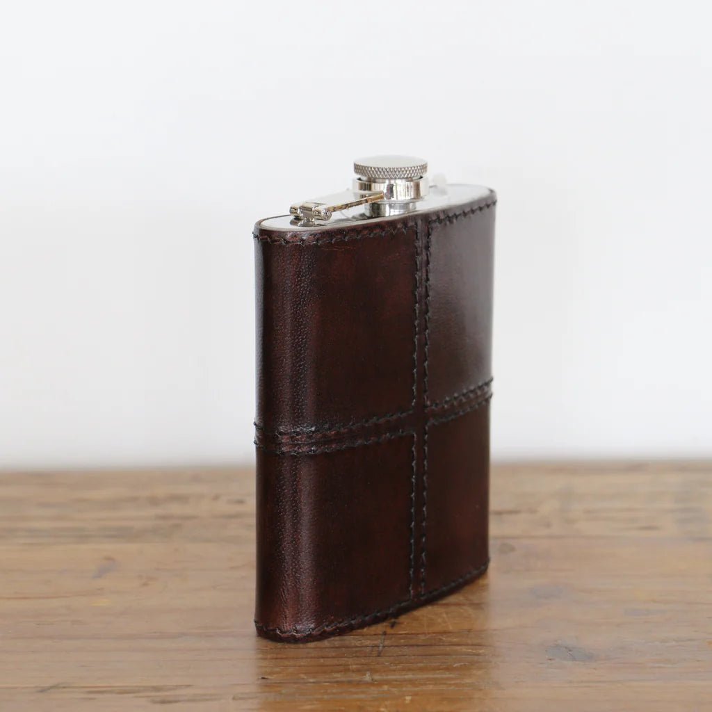 Leather Hip Flask Dark Brown with Nickle Details - Pure Apotheca