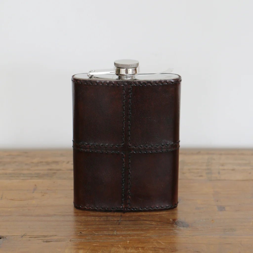 Leather Hip Flask Dark Brown with Nickle Details - Pure Apotheca