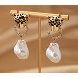 Versacia Leopard Head Pearl Drop Earrings