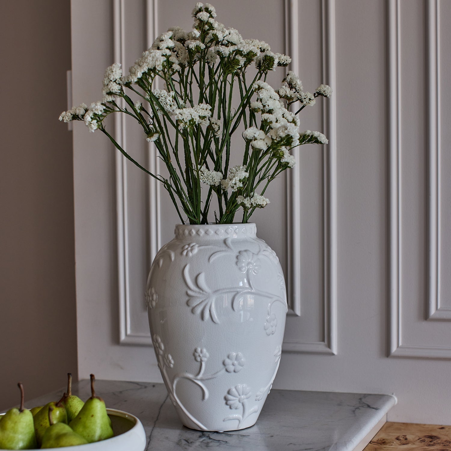 LILLE WHITE EMBOSSED VASE LRG - Pure Apotheca