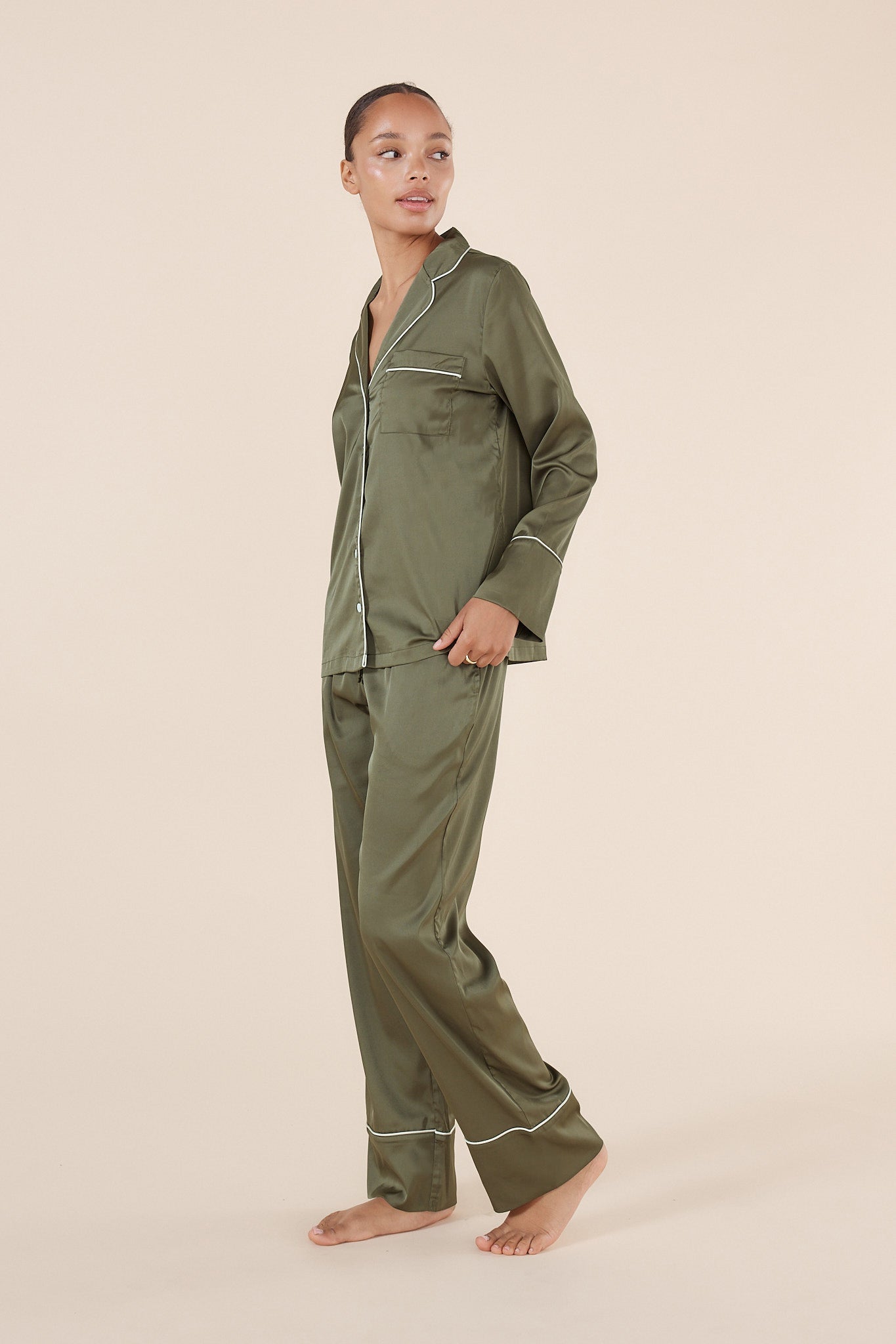 Luella Silky Satin PJ Set Olive - Pure Apotheca