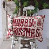 Merry Christmas Red Embroidered Toile Cushion 40x63cm - Pure Apotheca