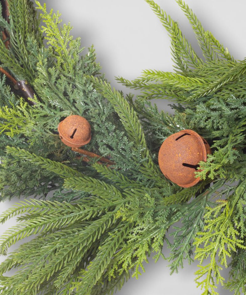 Mixed Pine Garland Brown Velvet Bows and Bells - Pure Apotheca