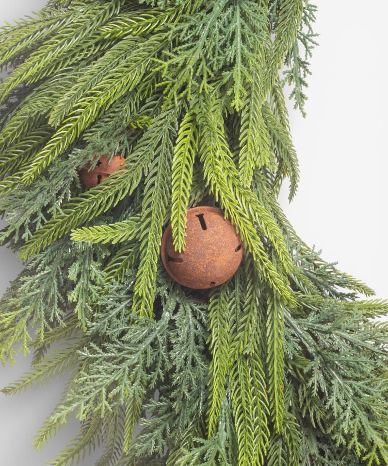 Mixed Pine Wreath Brown Velvet Bows and Bells - Pure Apotheca