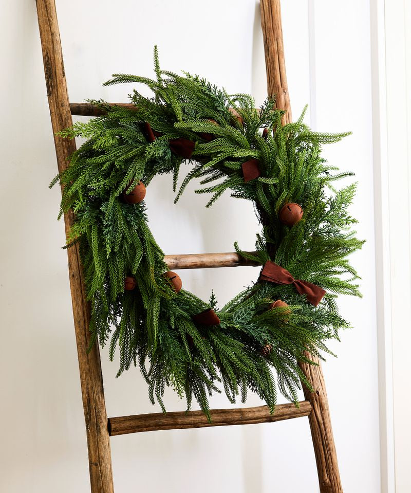 Mixed Pine Wreath Brown Velvet Bows and Bells - Pure Apotheca