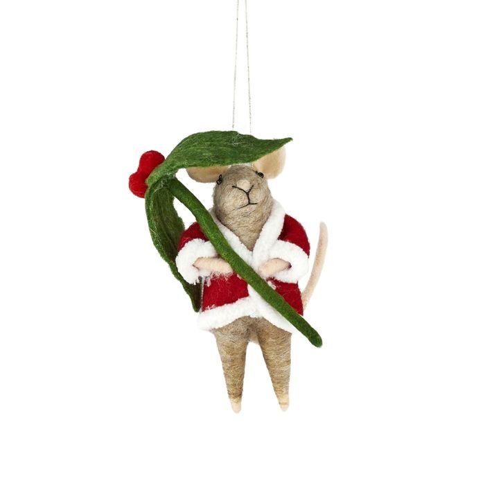 Mouse with Holly Leaf Hanging Felt Ornament - Pure Apotheca