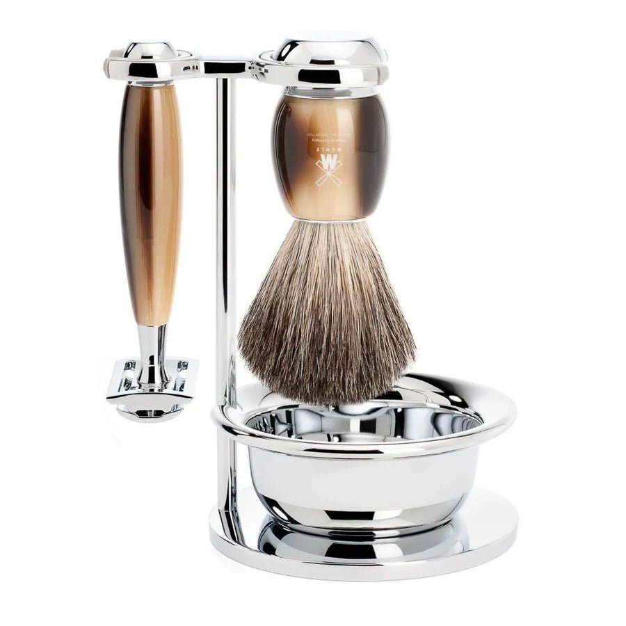 Muhle 4pc Shave Set — Bowl, Badger Brush, Razor & Stand - Horn Brown - Pure Apotheca
