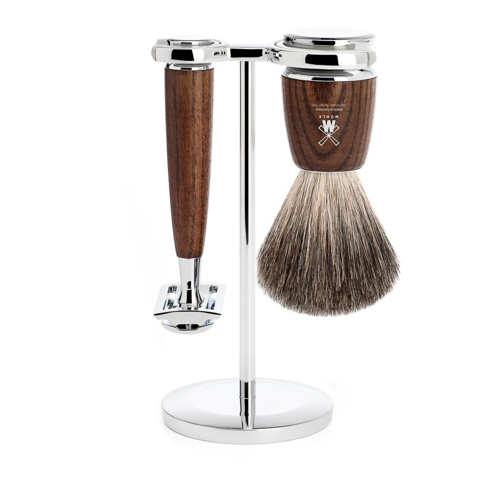 Muhle Rytmo 3pc Shave Set - Stand, Brush & Razor - Ash Wood - Pure Apotheca
