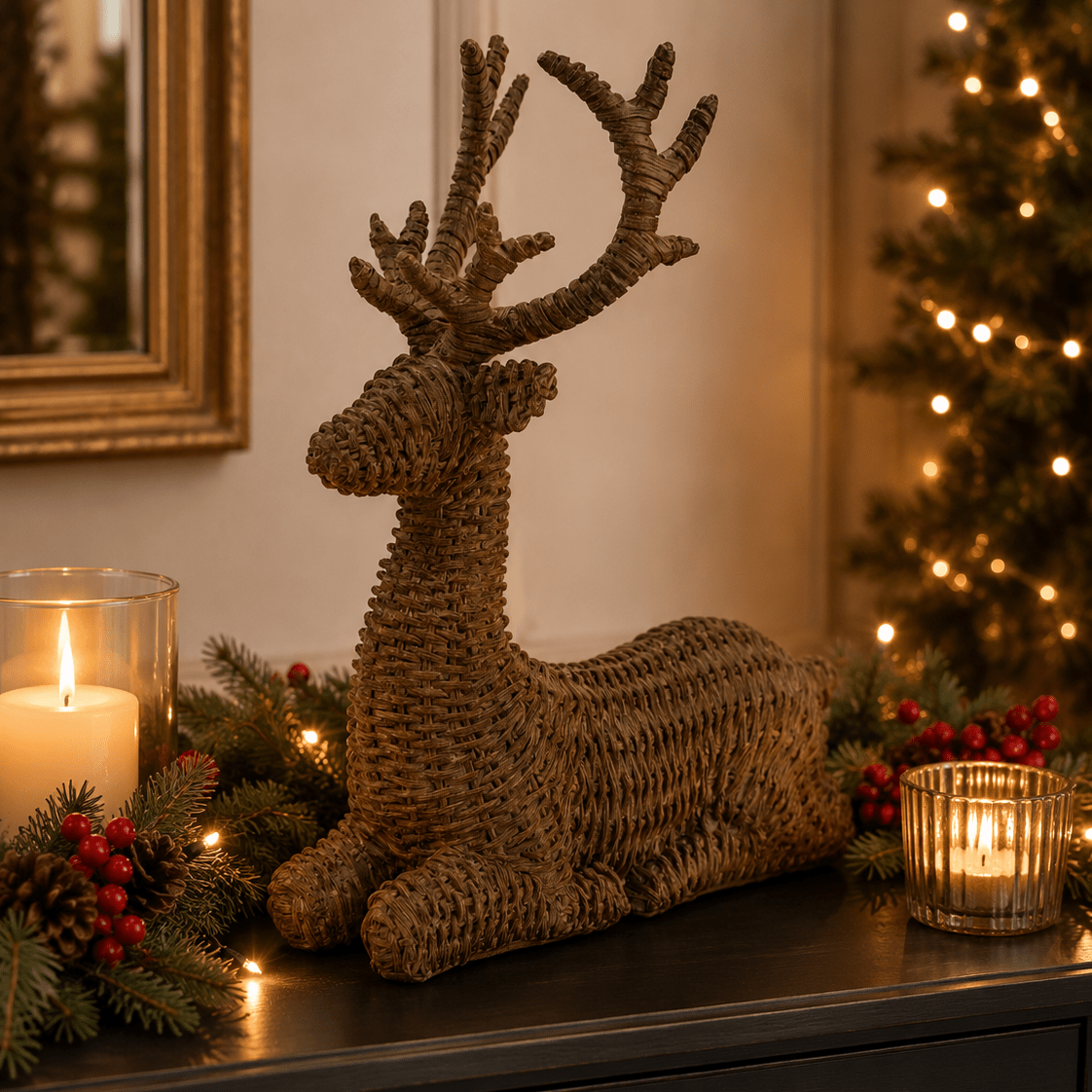Natural Faux Rattan Sitting Deer 33cm - Pure Apotheca