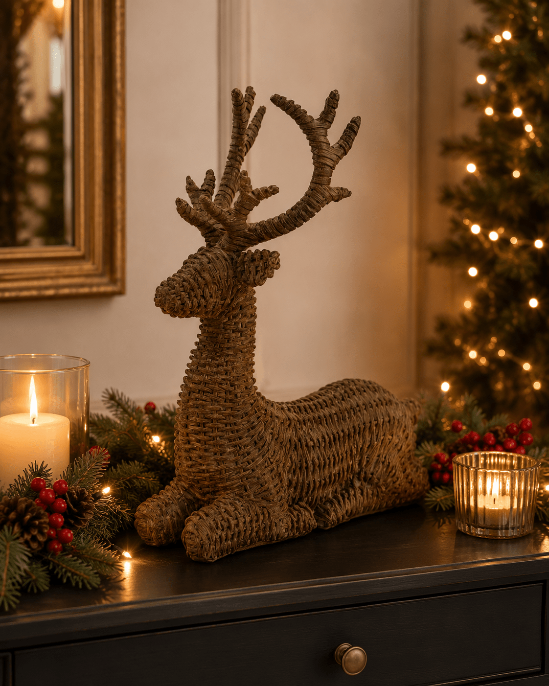 Natural Faux Rattan Sitting Deer 33cm - Pure Apotheca