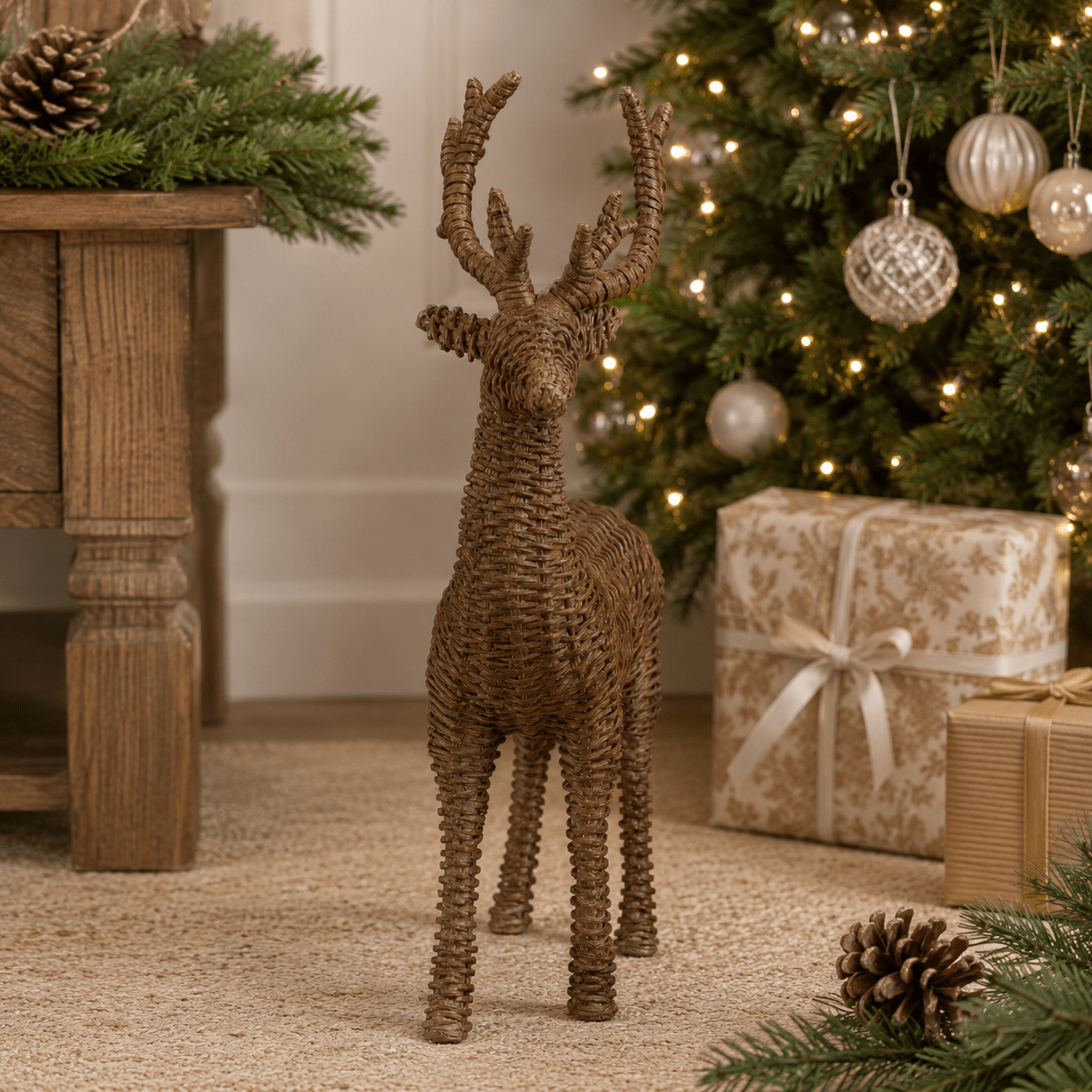 Natural Faux Rattan Standing Deer 43cm - Pure Apotheca