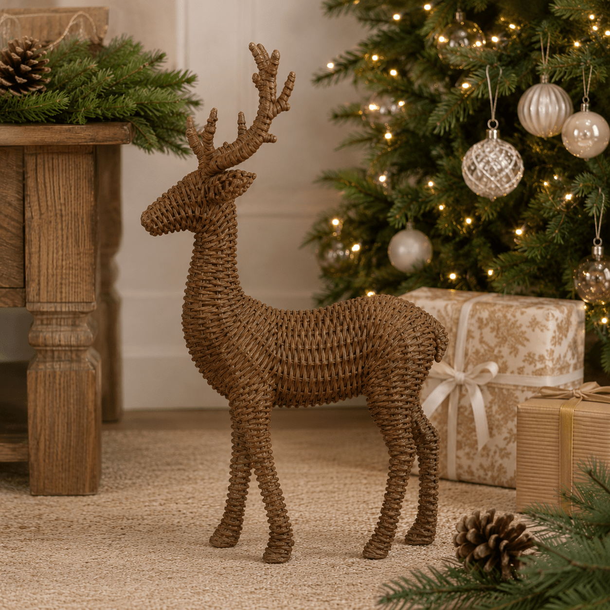 Natural Faux Rattan Standing Deer 43cm - Pure Apotheca