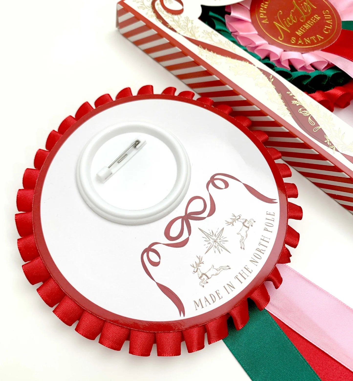 Nice List Member Christmas Rosette Badge Pink/Red - Pure Apotheca
