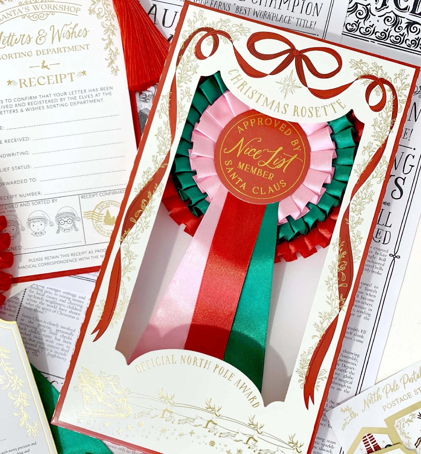 Nice List Member Christmas Rosette Badge Pink/Red - Pure Apotheca