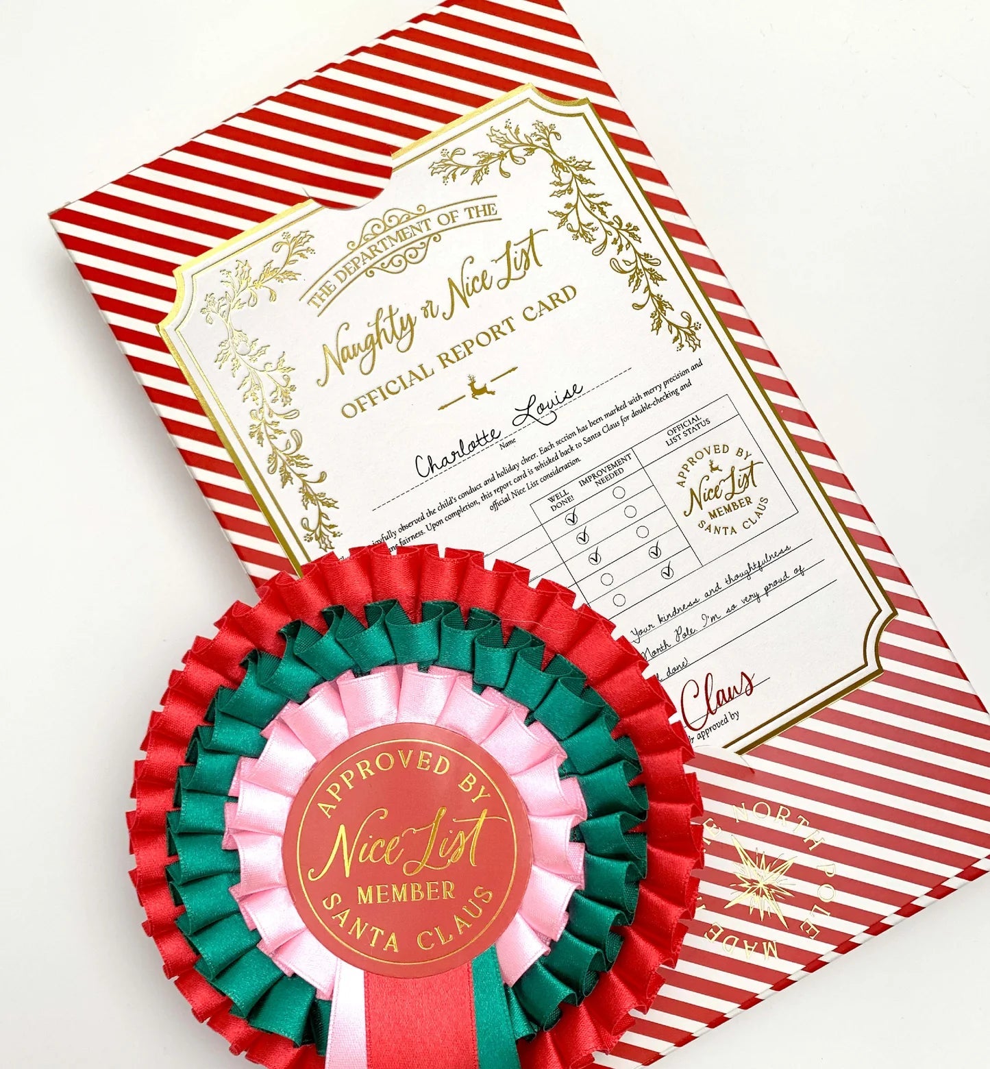 Nice List Member Christmas Rosette Badge Red/Green - Pure Apotheca