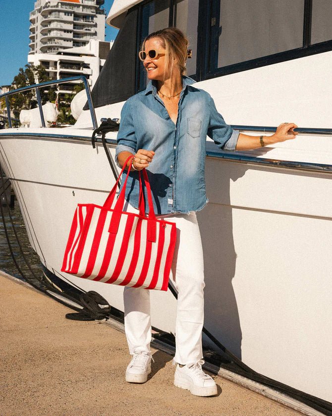 Noosa Canvas Beach Bag Red Stripe - Pure Apotheca