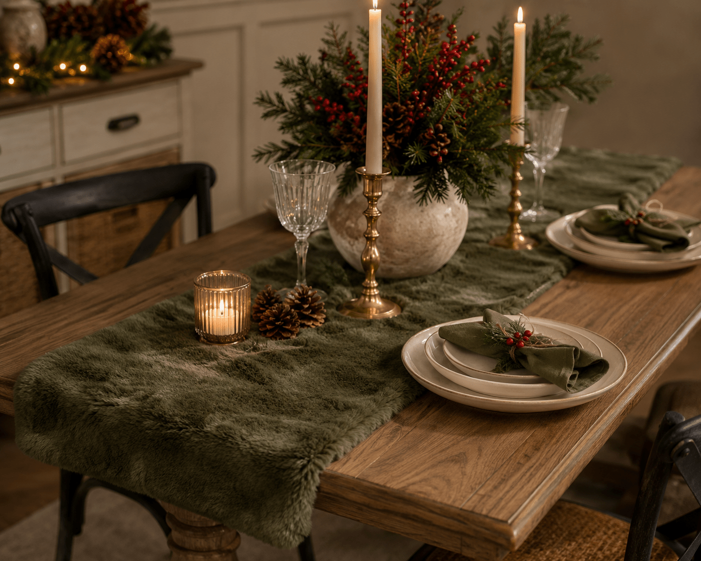 Olive Faux Fur Table Runner 150x30cm - Pure Apotheca