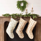 Noel Block Print Stocking With Bells - 3 Asstd