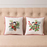 Festive Chickadee Embroidered Pillow- 2 Asstd