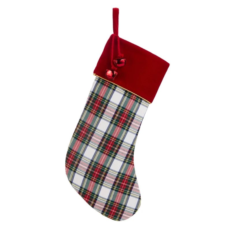 RAZ 20" White Plaid with Bells Christmas Stocking - Pure Apotheca