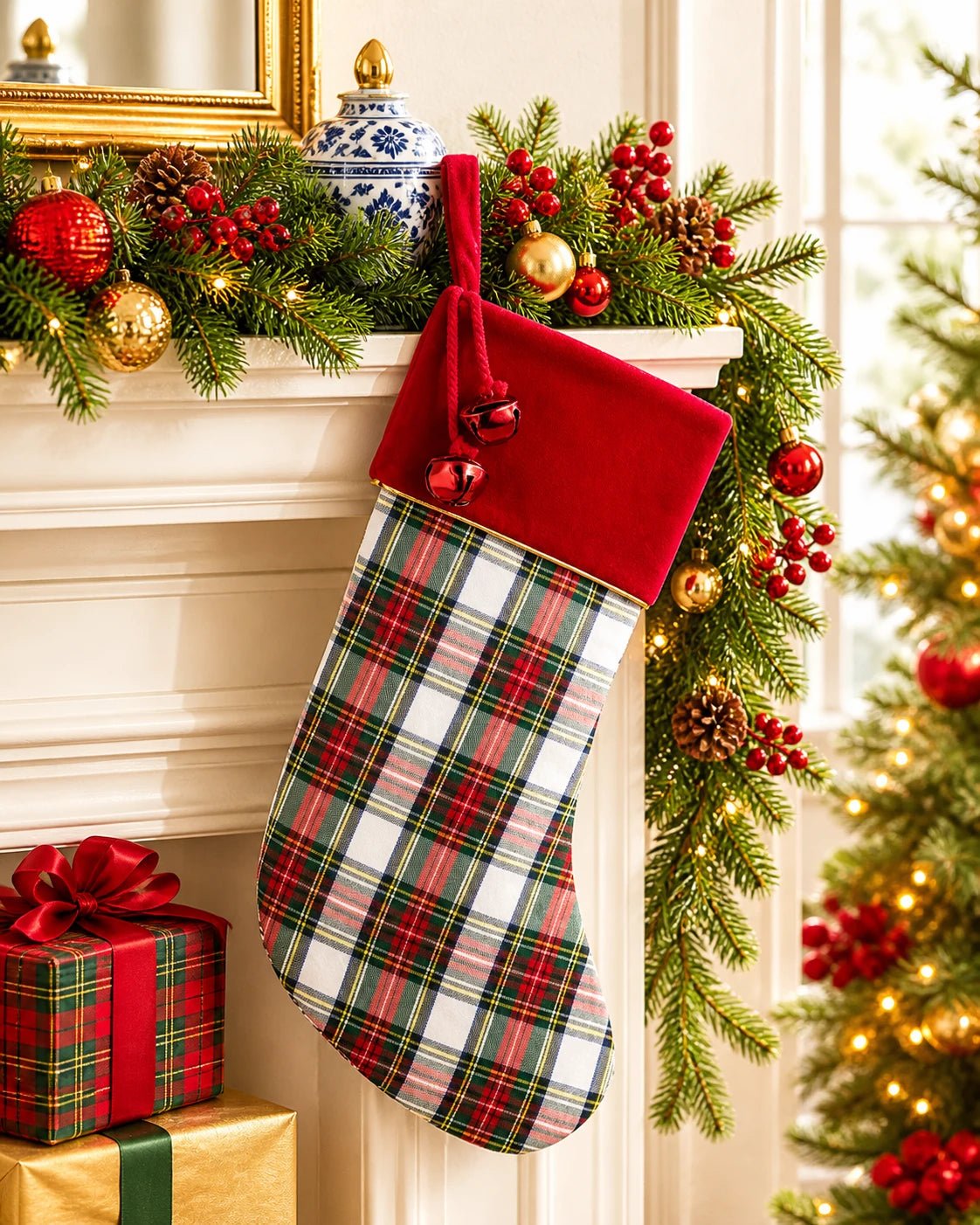 RAZ 20" White Plaid with Bells Christmas Stocking - Pure Apotheca