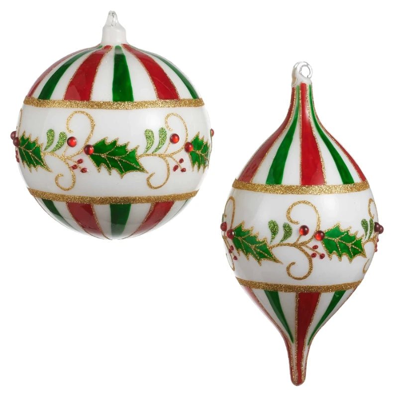Raz 6" Large Holly Stripe Glass Christmas Ornament - Pure Apotheca