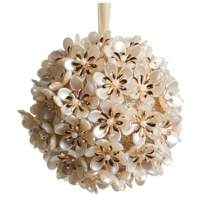RAZ Bows & Baubles Pearl Floral Ball Hanging Ornament 4" - Pure Apotheca