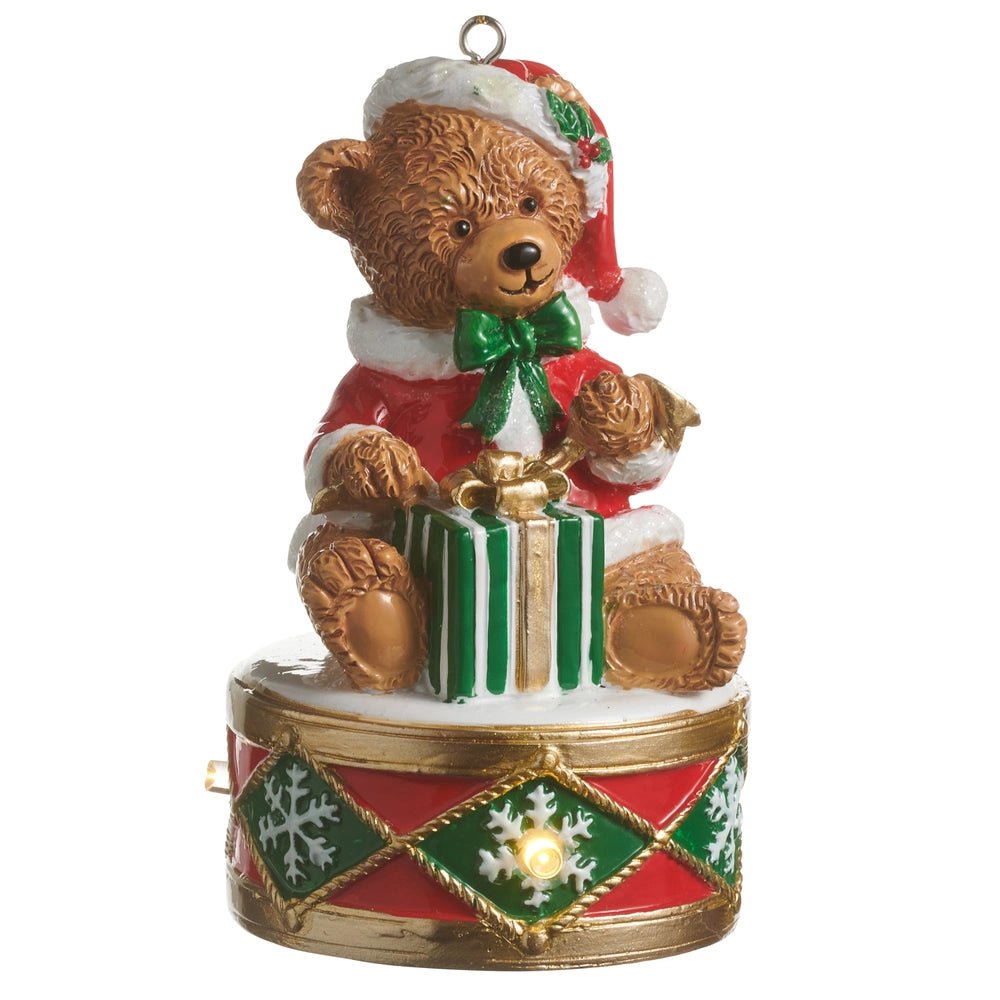 RAZ Holiday Spectacular Lighted Teddy Bear on Drum Hanging Ornament 4.5" - Pure Apotheca