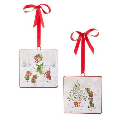 RAZ Merry Snowman Mouse Christmas Square Hanging Ornament 13cm/5" - Pure Apotheca