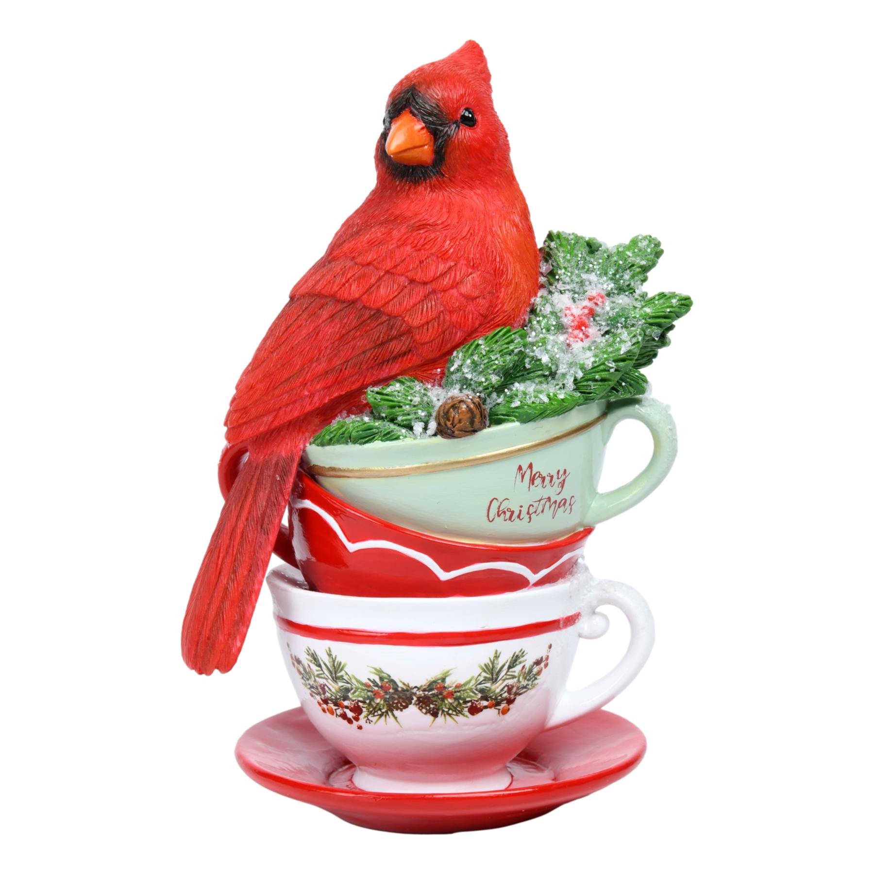 RED CARDINAL SITTING ON TEACUP STACK - Pure Apotheca