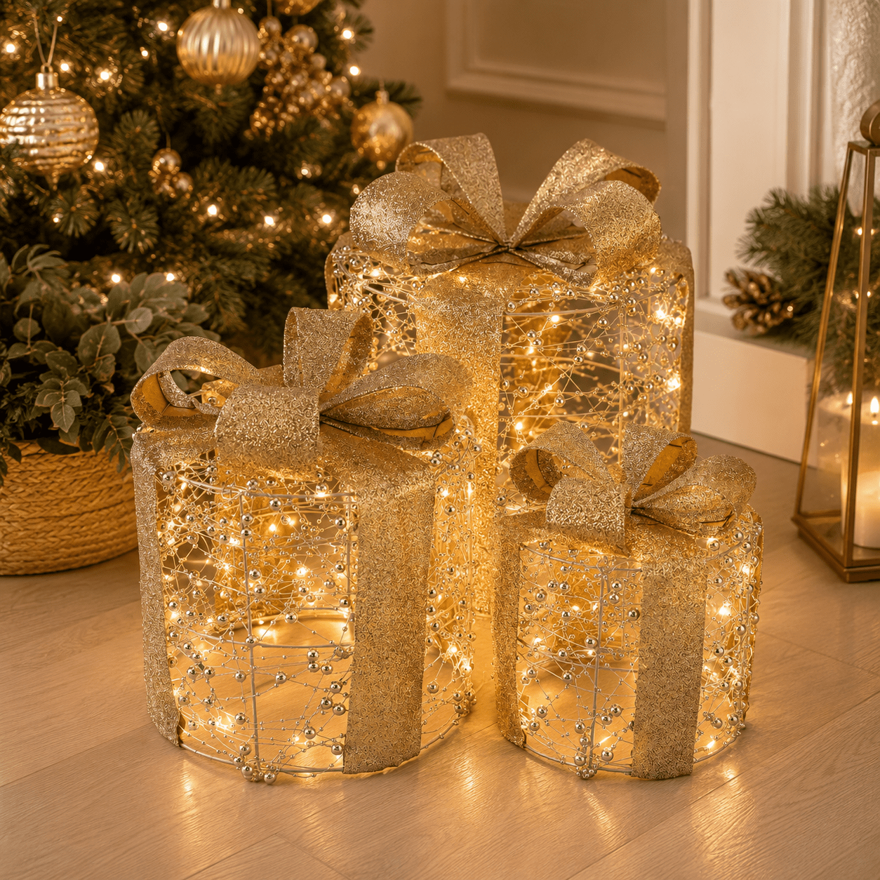 Round Illuminated Gold Beaded Gift Boxes Set of 3 with LED - Pure Apotheca
