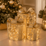 Round Illuminated Gold Beaded Gift Boxes Set of 3 with LED - Pure Apotheca