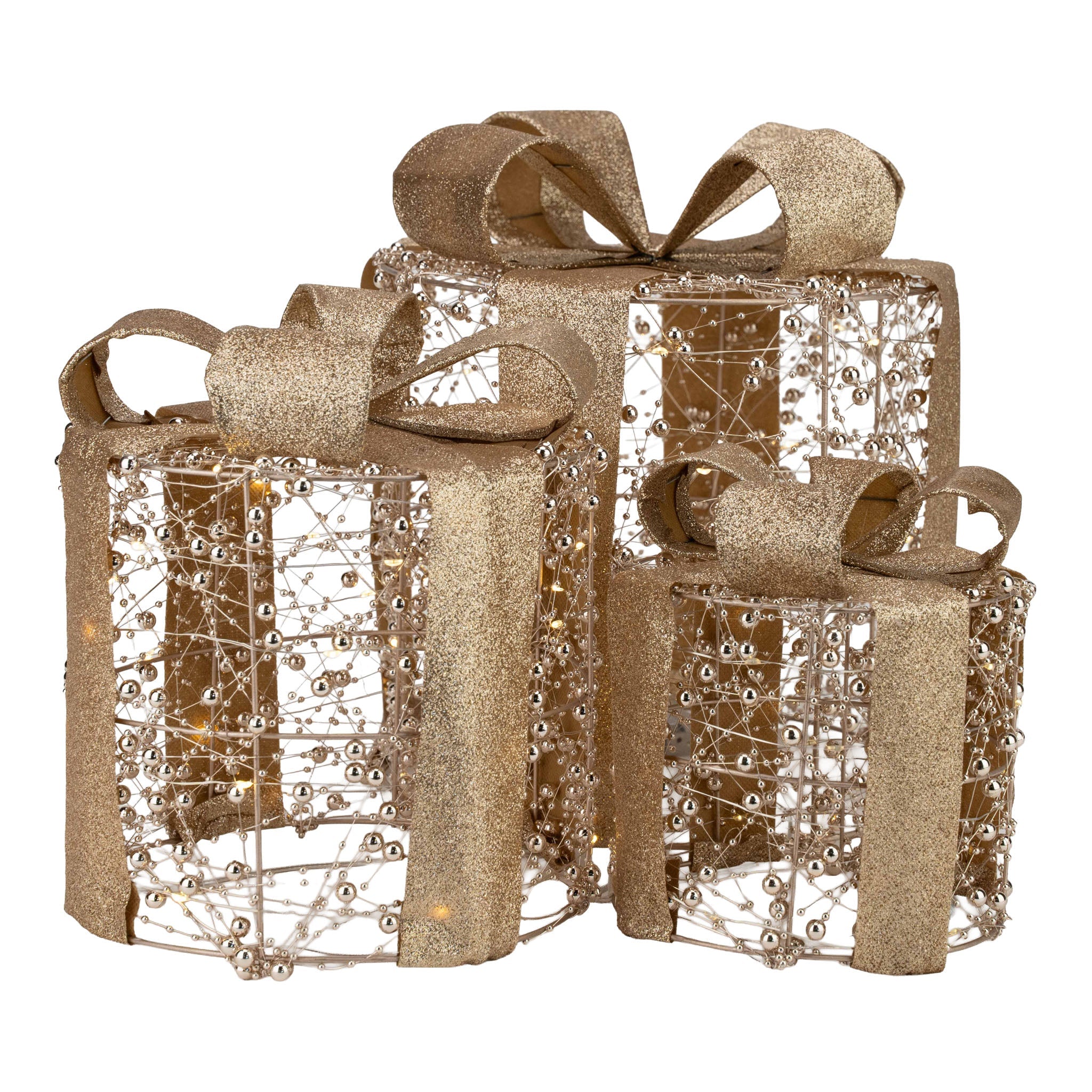 Round Illuminated Gold Beaded Gift Boxes Set of 3 with LED - Pure Apotheca