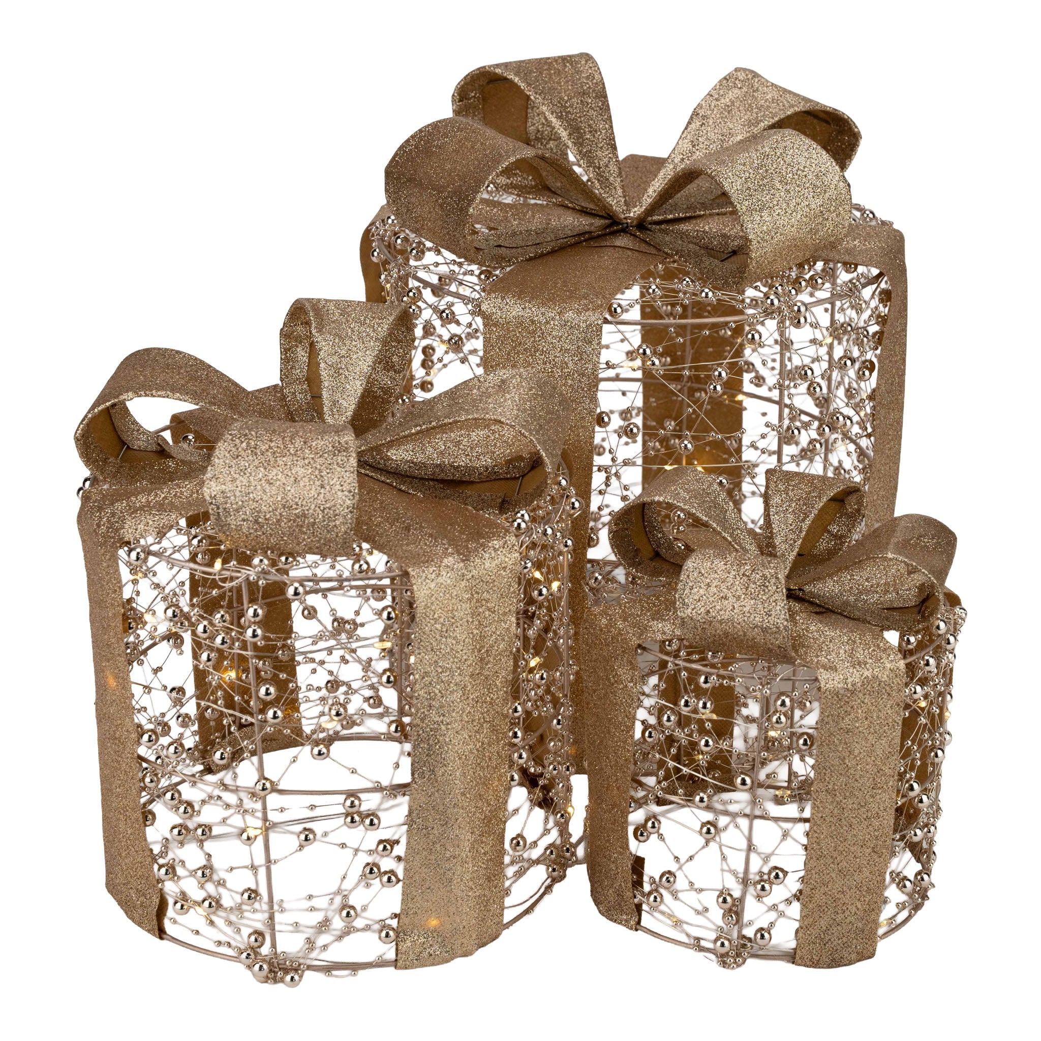 Round Illuminated Gold Beaded Gift Boxes Set of 3 with LED - Pure Apotheca