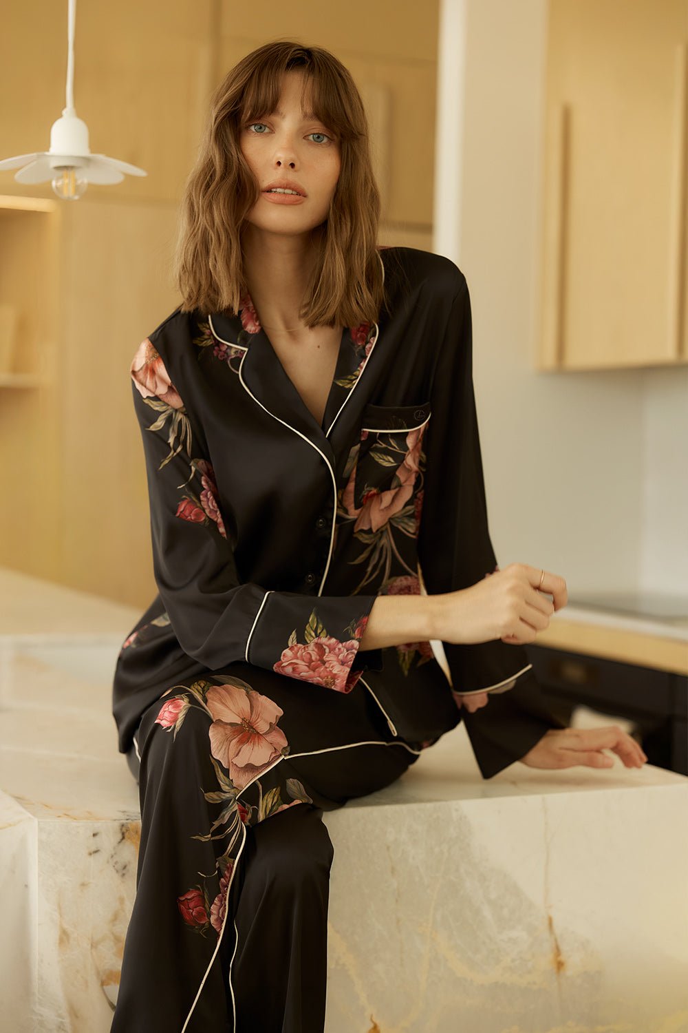 Ruby Floral Satin PJ Set Black - Pure Apotheca