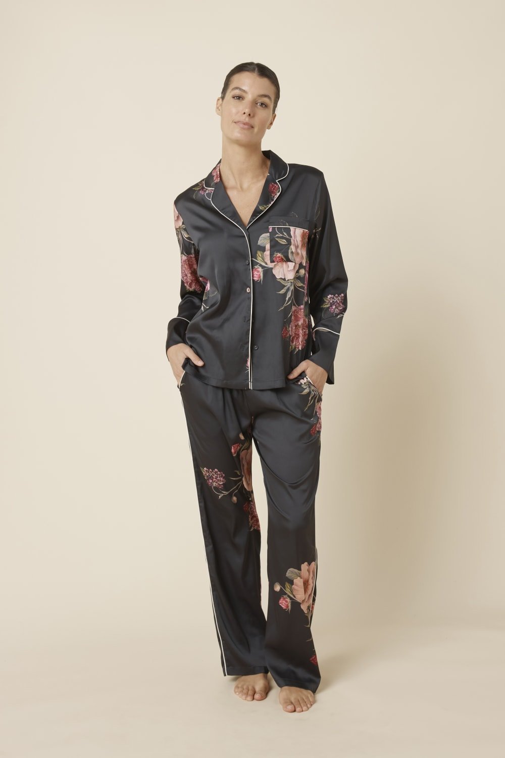 Ruby Floral Satin PJ Set Black - Pure Apotheca